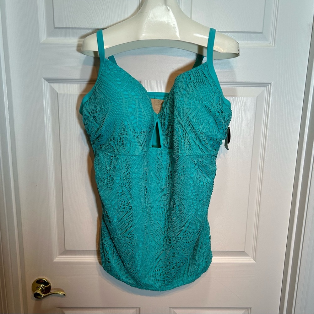 Cacique Crochet Lace Gathered Side Swim Top